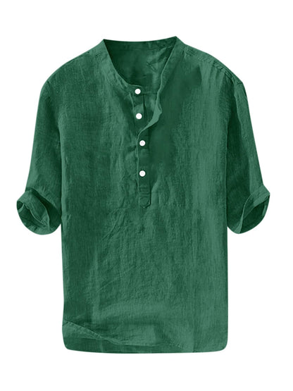 HOTRyannology Mens Linen Shirts Casual Cotton 3/4 Sleeve Regular-Fit Henley T-Shirt Summer Lightweight Beach Yoga Tops