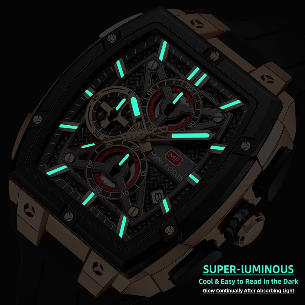 HOTMF MINI FOCUS Men's Watches Analog Fashion Wrist Watch, Skeleton Tonneau Watches for Men with Chronograph,Ideal for Sports Enthusiasts and Daily Wear