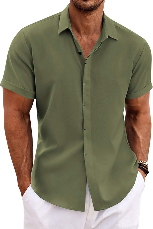 HOTCOOFANDY Men's Linen Shirts Short Sleeve Casual Shirts Button Down Shirt for Men Beach Summer Wedding Shirt
