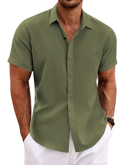 HOTCOOFANDY Men's Linen Shirts Short Sleeve Casual Shirts Button Down Shirt for Men Beach Summer Wedding Shirt