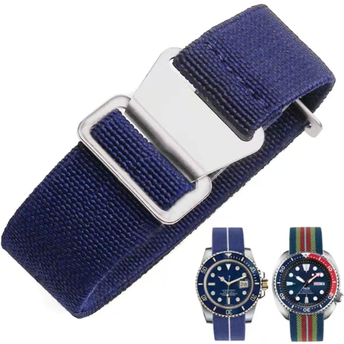 HOTFrench Troops Paratrooper Watchband,Military Elastic Nylon Watch Strap with Hook-and-Loop for Men Women Silver & Black Buckle 18/20/22mm