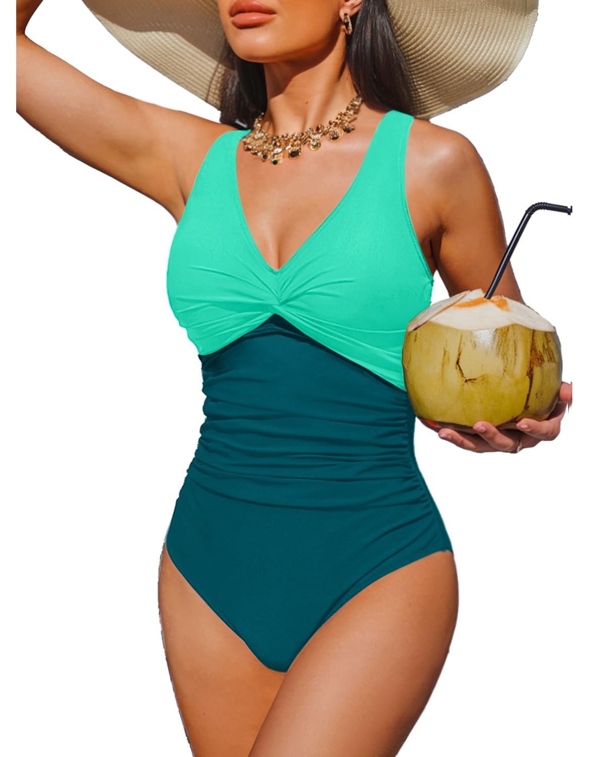 HOTWomen's Tummy Control One Piece Swimsuit Push Up Full Coverage Bathing Suit | V-Neck Twist Front, Low-Back Design, Adjustable Straps, Removable Pads, Full Coverage, Long-Torso Fit, Beach and Pool Days
