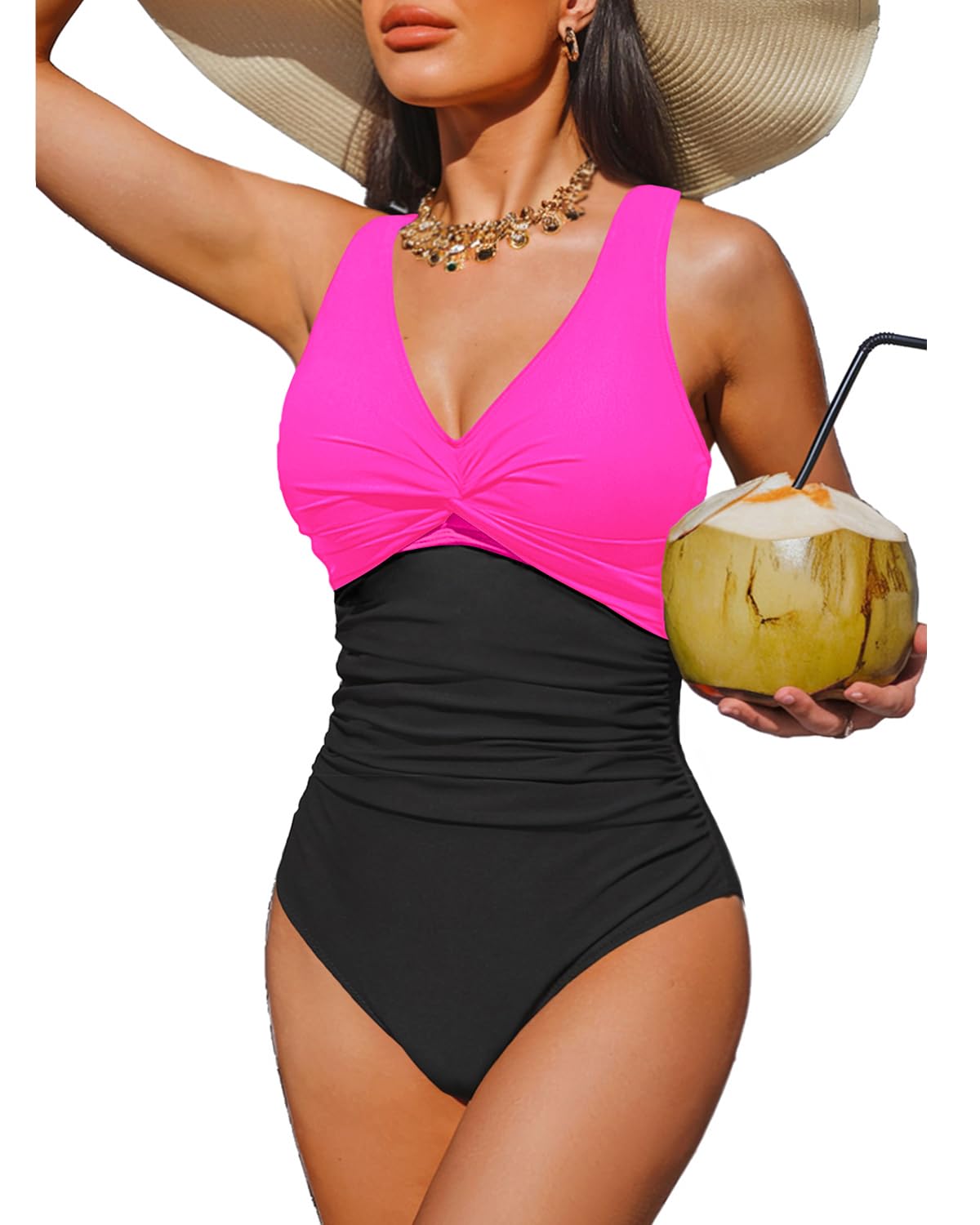 HOTWomen's Tummy Control One Piece Swimsuit Push Up Full Coverage Bathing Suit | V-Neck Twist Front, Low-Back Design, Adjustable Straps, Removable Pads, Full Coverage, Long-Torso Fit, Beach and Pool Days