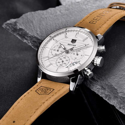 HOTBENYAR Quartz Chronograph Waterproof Watches Business and Sport Design Leather Band Strap Wrist Watch for Men