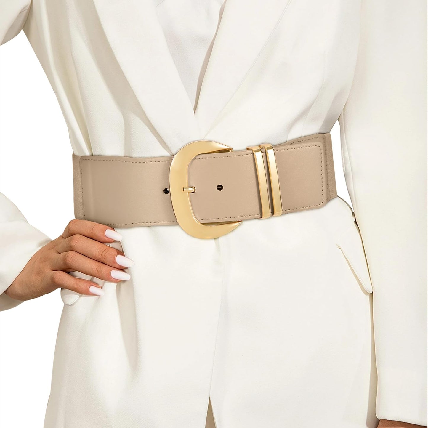 HOTWHIPPY Women Wide Elastic Waist Belt for Dresses Fashion Gold Buckle Stretchy Leather Waistband for Ladies