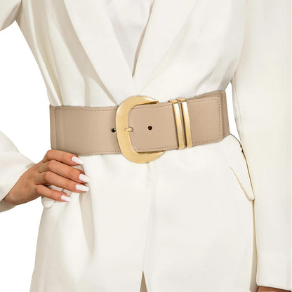 HOTWHIPPY Women Wide Elastic Waist Belt for Dresses Fashion Gold Buckle Stretchy Leather Waistband for Ladies