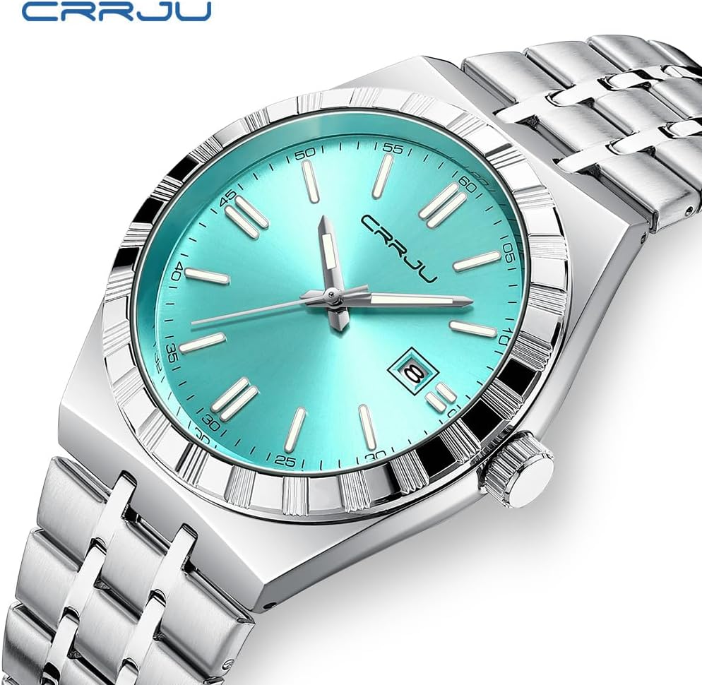 HOTCRRJU Watches for Men,Fashion Luxury Luminous Analog Quartz Wristwatches,Business Man Calendar Watches Silver