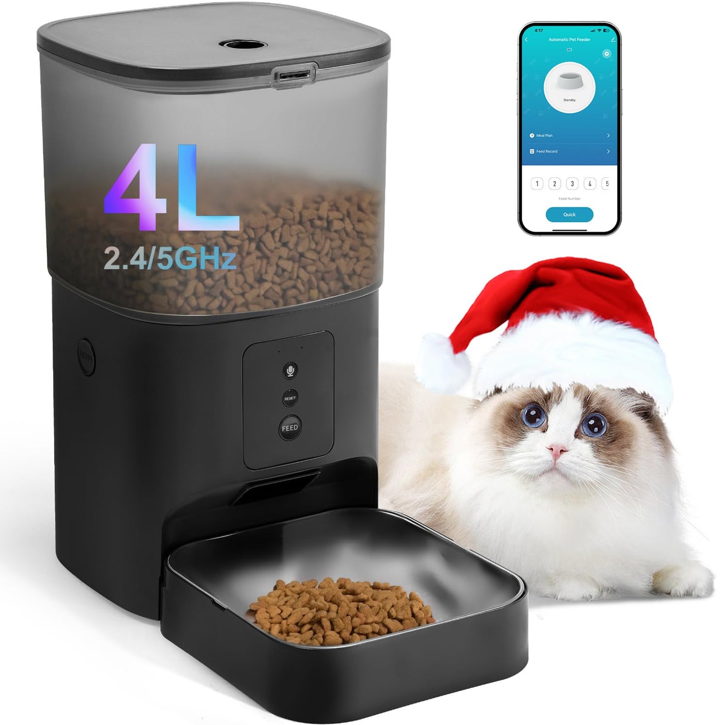 HOTANDOLL HOME Automatic Cat Feeder, 4L Cat Food Dispenser with 10s Voice Recorder, Pet Feeder up to 8 Meals per Day, Timed Dog Feeder with Dry Food Sealed Ring