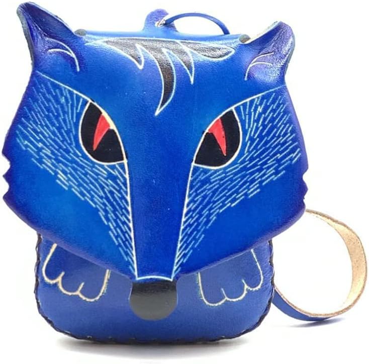 HOTHandmade Vintage Genuine Leather 3D Fox Animal Coin Purse With Removable Wrist Strap (Purple)