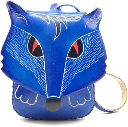 HOTHandmade Vintage Genuine Leather 3D Fox Animal Coin Purse With Removable Wrist Strap (Purple)