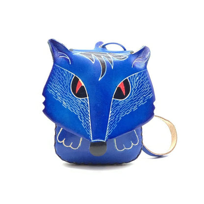 HOTHandmade Vintage Genuine Leather 3D Fox Animal Coin Purse With Removable Wrist Strap (Purple)