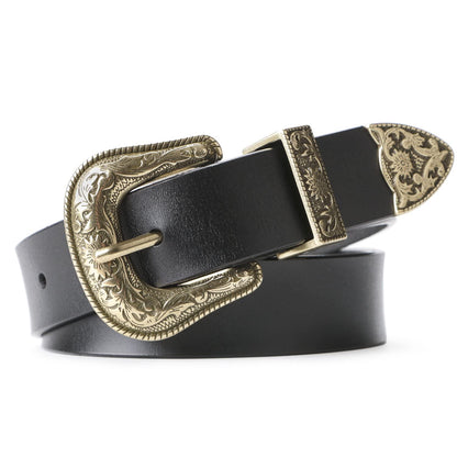 HOTJASGOOD Women Leather Belts Ladies Vintage Western Design Black Waist Belt for Pants Jeans Dresses