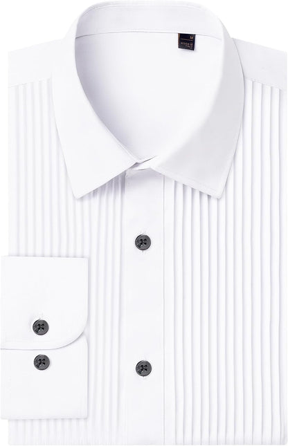 HOTJ.VER Men's Tuxedo Shirt Formal Dress Shirt Pleated Long Sleeve Button Down Shirts for Prom Party Wedding