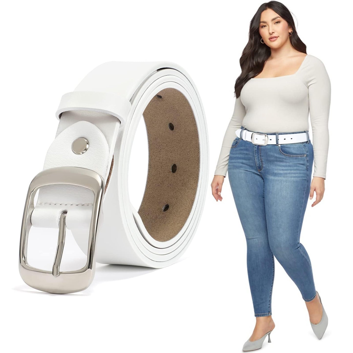 HOTJASGOOD Plus Size Women Leather Belt Black Casual Waist Belt for Jeans Pants with Metal Pin Buckle