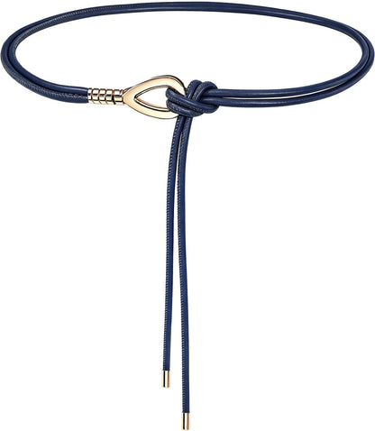HOTWomen Knotted Skinny PU Leather Waist Belt Gold Buckle for Dresses