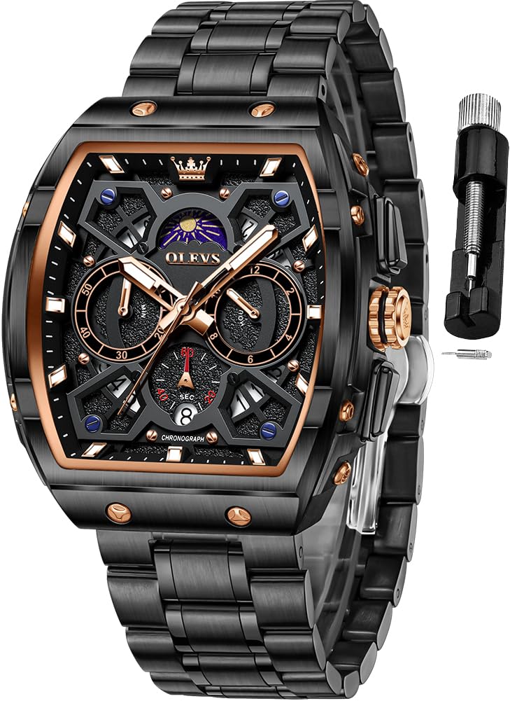 HOTOLEVS Men Watches Business Dress Chronograph Big Square Quartz Analog Male Watch Silicone Strap Waterproof Date Gift Mens Wrsit Watch Silver