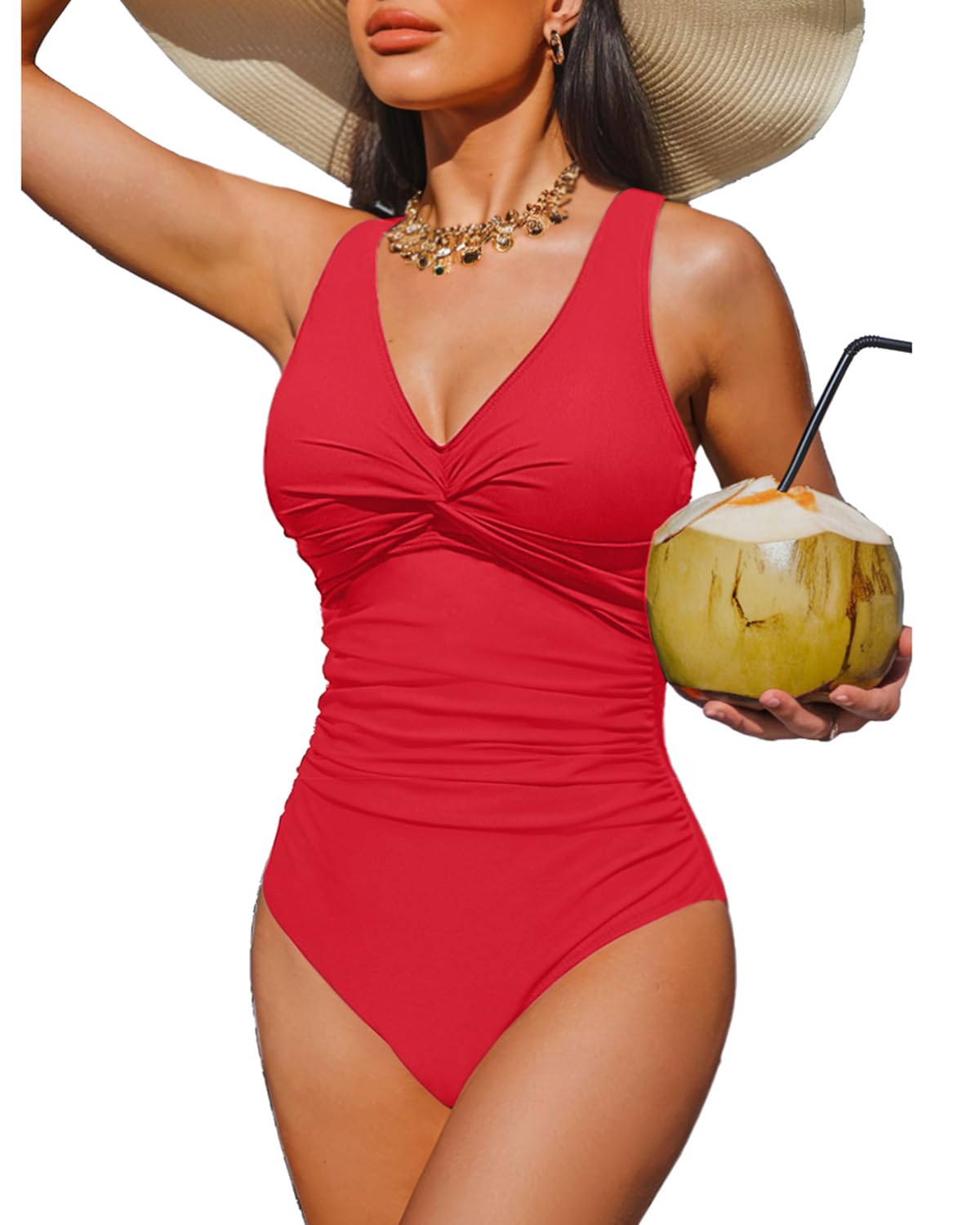 HOTWomen's Tummy Control One Piece Swimsuit Push Up Full Coverage Bathing Suit | V-Neck Twist Front, Low-Back Design, Adjustable Straps, Removable Pads, Full Coverage, Long-Torso Fit, Beach and Pool Days