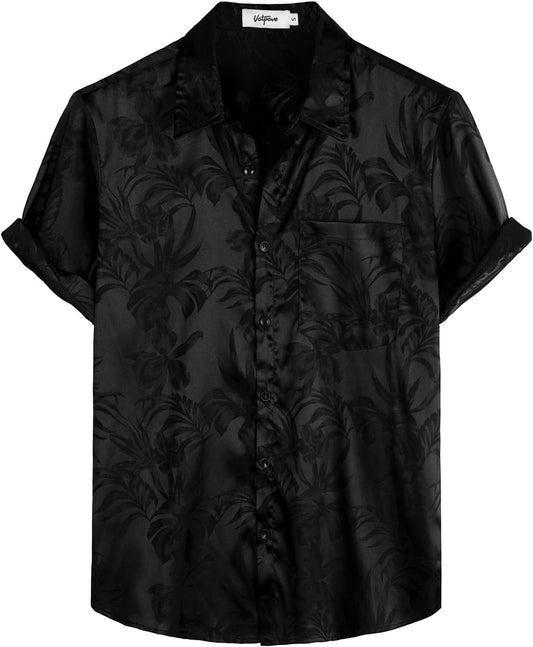 HOTVATPAVE Mens Silk Satin Hawaiian Shirt Short Sleeve Button Down Shirts | Hawaii, Summer, Beach, Vacation, Tropical, Resort Wear, Jacquard, Going Out, Rave, Cool, Club, Floral, Holiday, with Pocket