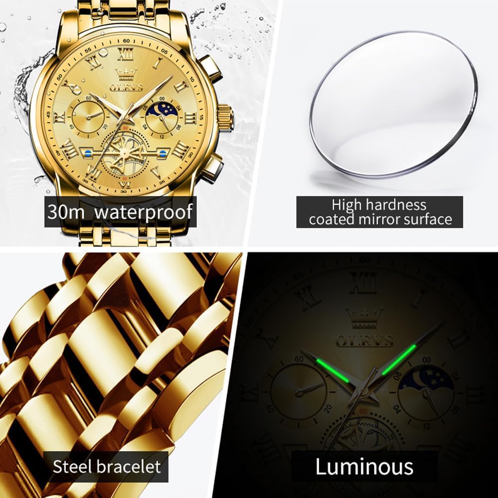 HOTOLEVS Watches Men Waterproof Luxury Big Face Mens Watch Stainless Steel Quartz Analog Dress Watches for Men Luminous Multifunction Man Watch Relojes De Hombre