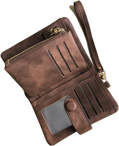 HOTAOXONEL Women's Small Bifold Leather wallet Rfid blocking Ladies Wristlet with Card holder id window Coin Purse