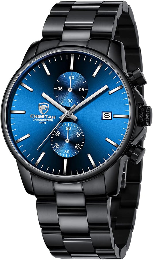 HOTGOLDEN HOUR Fashion Business Mens Watches with Stainless Steel Waterproof Chronograph Quartz Watch for Men, Auto Date