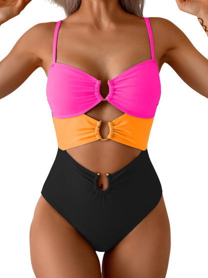 HOTEomenie Womens Cutout One Piece Swimsuit Sexy Bathing Suit | Ring Linked, Adjustable Spaghetti Straps, Bra Support, Soft Removable Cups, Monokini for Beach Vacation, Pool Side