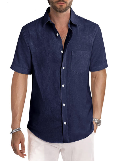 HOTJMIERR Men's Casual Stylish Short Sleeve Button-Up Striped Dress Shirt Cotton Beach Shirts