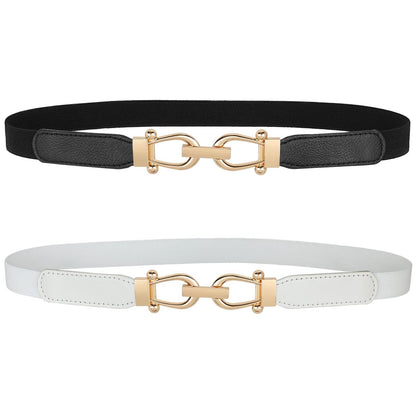 HOTJASGOOD Women Skinny Elastic Belt for Dresses,Thin Retro Stretch Waist Belt with Golden Buckle