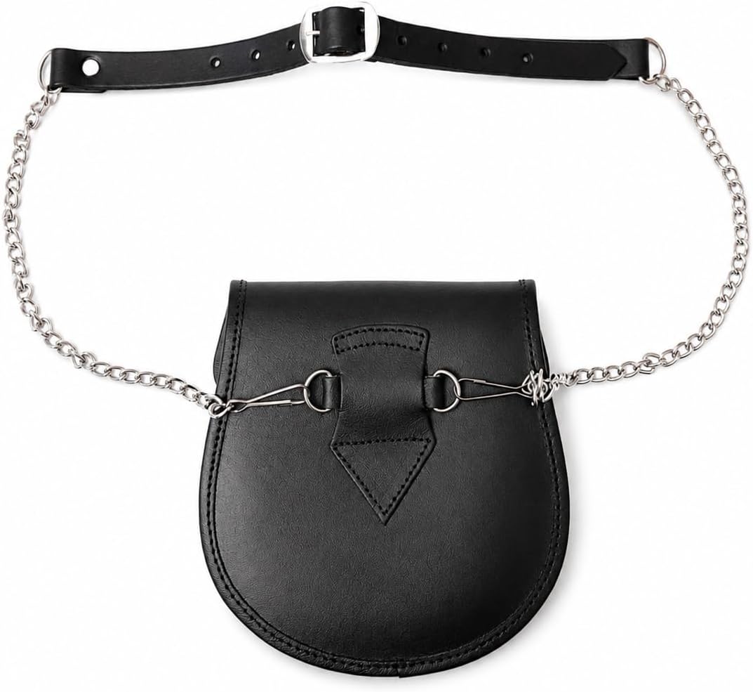 HOTBlack Leather Double Embossed 3 tassels Kilt Sporran w/Chain and Belt