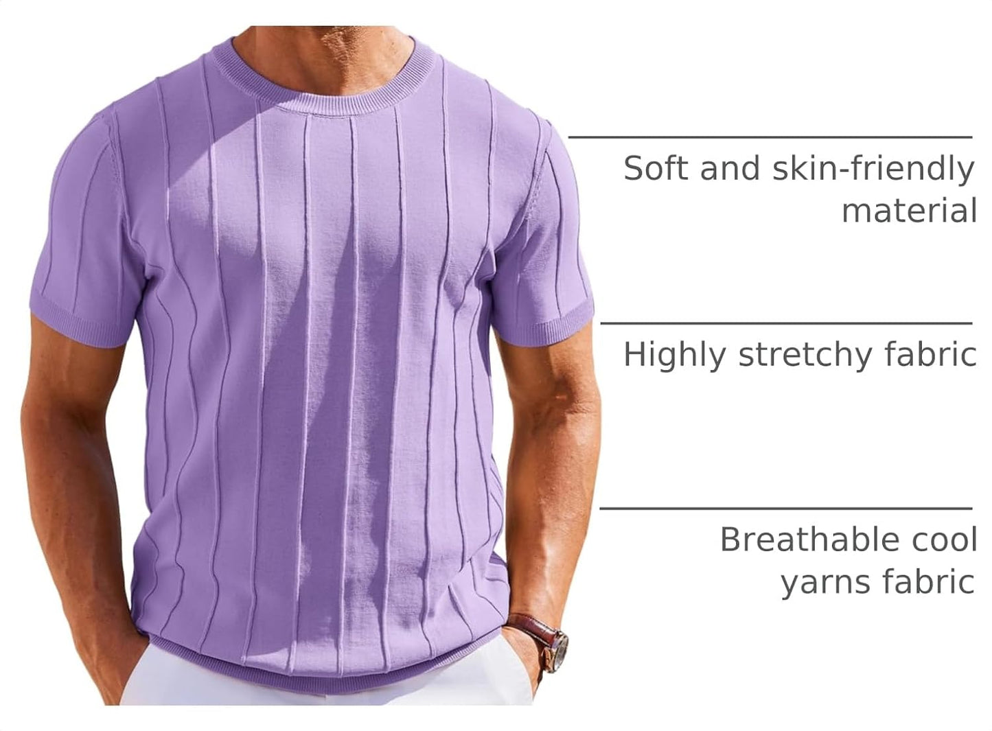 HOTCOOFANDY Men's T- Shirts Short Sleeve Knit Sweater Shirt Casual Crewneck Ribbed Pullover Tees