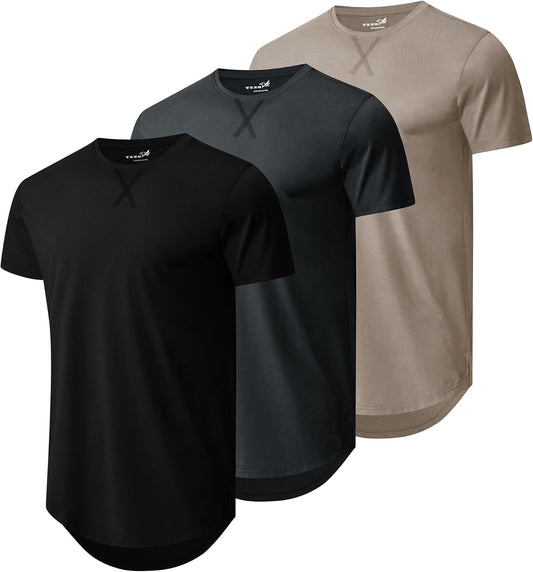 HOTMens 3 Pack Plain Cotton Shirts Short Sleeve Casual Crew Neck T-Shirts Hipster Hip Hop Longline Tees Drop Cut Curved Hem