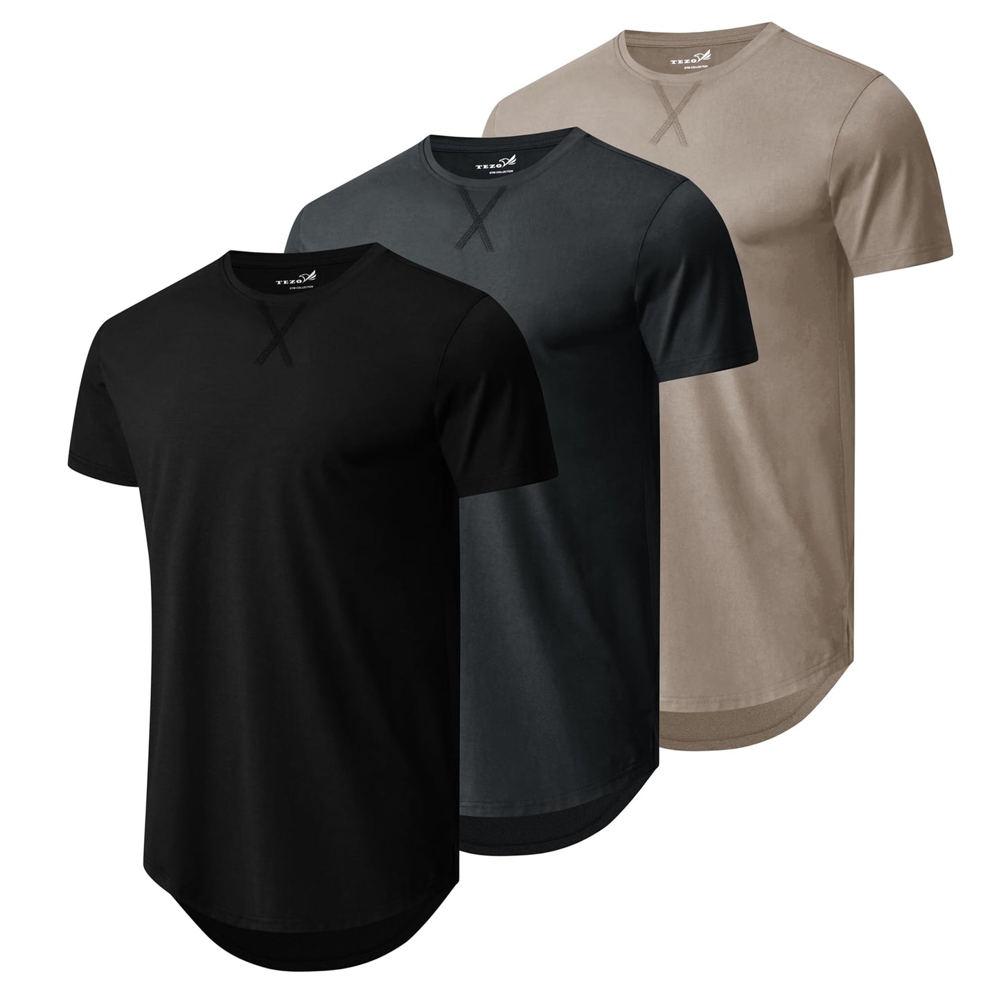 HOTMens 3 Pack Plain Cotton Shirts Short Sleeve Casual Crew Neck T-Shirts Hipster Hip Hop Longline Tees Drop Cut Curved Hem