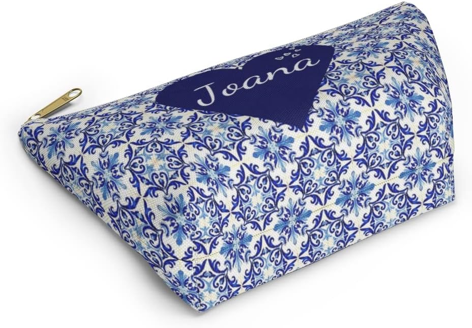 HOTPersonalized Pouches with Zipper, Makeup Cosmetic Case Travel, Pencil Pouch for Women, Portuguese Blue Tile Bag, Portugal Gifts for Mom