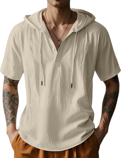 HOTMen's Cotton Linen Shirts Short Sleeve Casual Button Down Hoodies Summer Hawaiian Beach Top with Drawstring