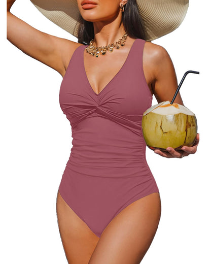 HOTWomen's Tummy Control One Piece Swimsuit Push Up Full Coverage Bathing Suit | V-Neck Twist Front, Low-Back Design, Adjustable Straps, Removable Pads, Full Coverage, Long-Torso Fit, Beach and Pool Days