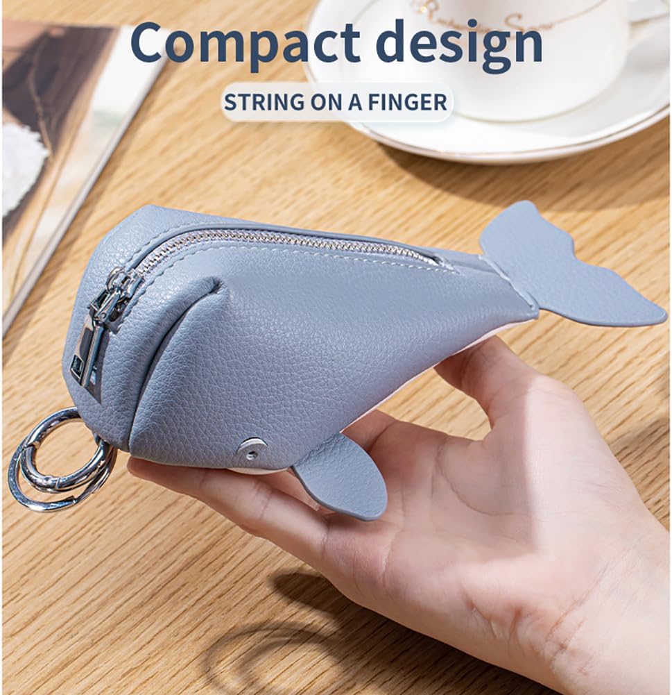 HOTWhale-Shaped Leather Coin Purse Keychain, Cute Animal Pouch for Coins, Keys & Cards, Mini Zippered Key Ring Holder Pendant (Blue)