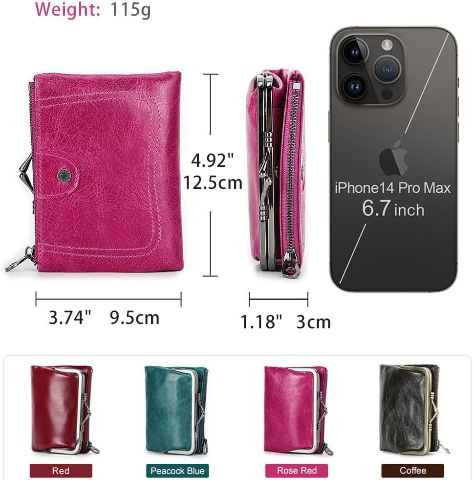 HOTCONTACTS Full Grain Leather Kiss Lock Wallet for Women Small Coin Purse Zipper Bifold Kiss Clasp Rfid Wallet Vintage Card Holder with Photo Window (Rose Red)