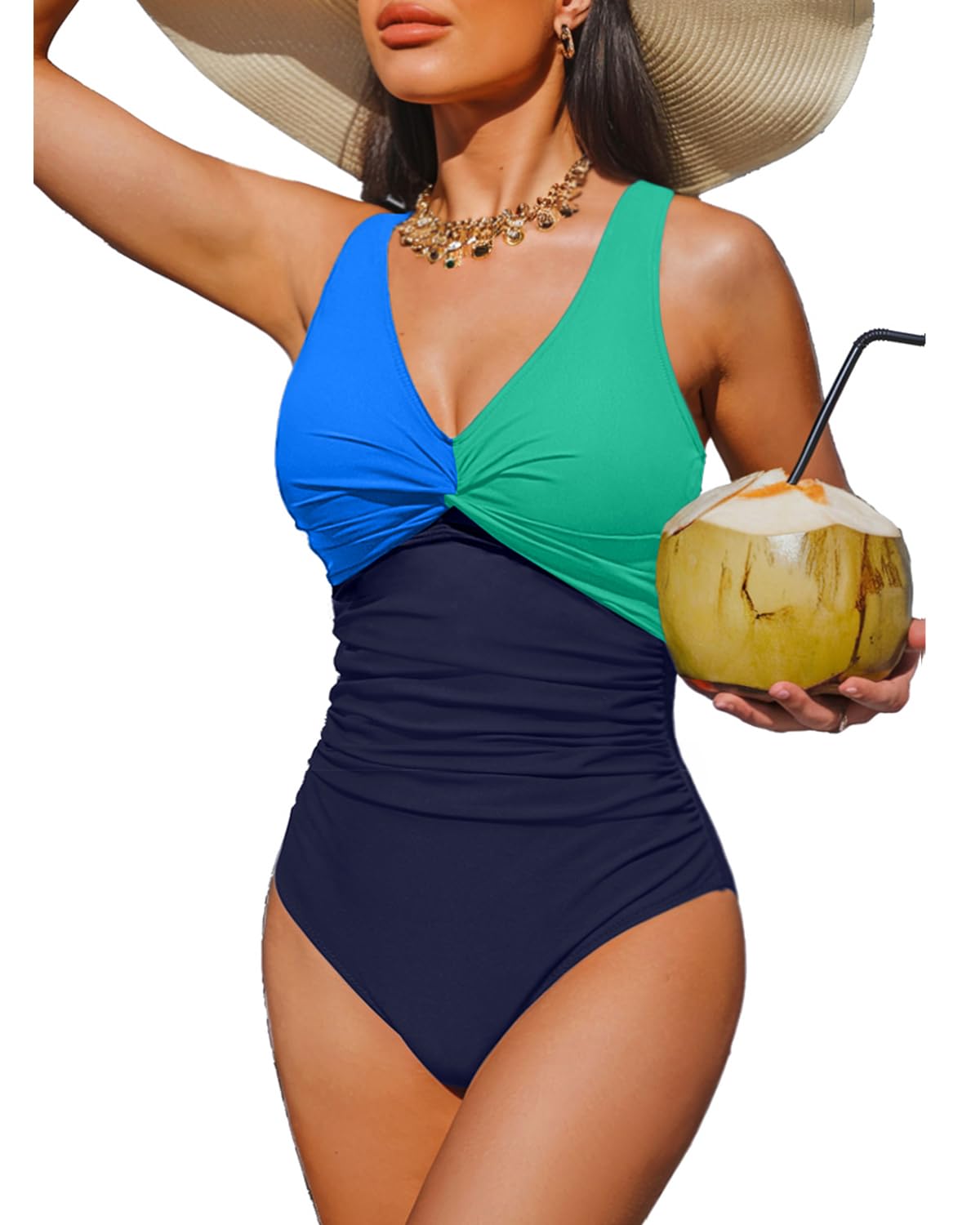 HOTWomen's Tummy Control One Piece Swimsuit Push Up Full Coverage Bathing Suit | V-Neck Twist Front, Low-Back Design, Adjustable Straps, Removable Pads, Full Coverage, Long-Torso Fit, Beach and Pool Days