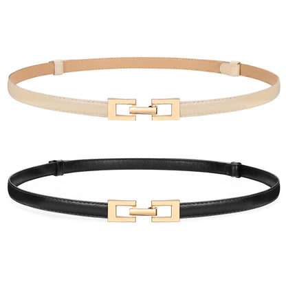 HOTWERFORU 2 Pack Women Skinny Belt Thin Waist Belt for Pants Leather Belt with Gold Buckle for Jeans Dress,0.6" width