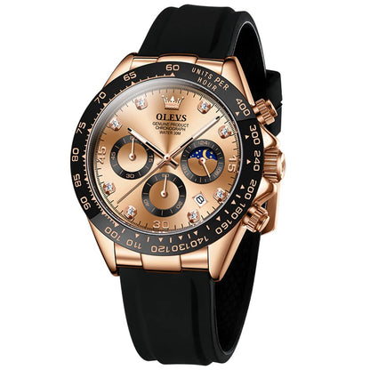 HOTOLEVS Men Analog Quartz Waterproof Watches Multifunction Chronograph Diamond Moon Phase Luminous Silicone Band Wrist Watches