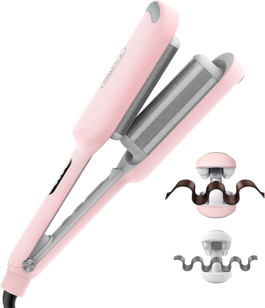 HOTCurling Iron Hair Crimper Waver - TYMO ROVY Beach Waves Curling Wand, Ionic Deep Waver Hair Curler Tool with Ceramic 3 Barrel for Women, Dual Voltage, Anti-Scald, Easy to Use, Pink, 1.25 Inch
