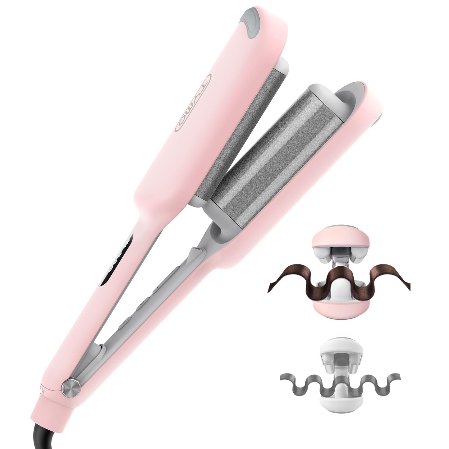 HOTCurling Iron Hair Crimper Waver - TYMO ROVY Beach Waves Curling Wand, Ionic Deep Waver Hair Curler Tool with Ceramic 3 Barrel for Women, Dual Voltage, Anti-Scald, Easy to Use, Pink, 1.25 Inch