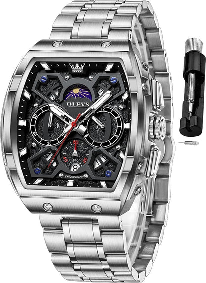HOTOLEVS Men Watches Business Dress Chronograph Big Square Quartz Analog Male Watch Silicone Strap Waterproof Date Gift Mens Wrsit Watch Silver