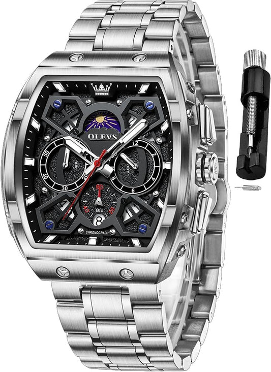 HOTOLEVS Men Watches Business Dress Chronograph Big Square Quartz Analog Male Watch Silicone Strap Waterproof Date Gift Mens Wrsit Watch Silver
