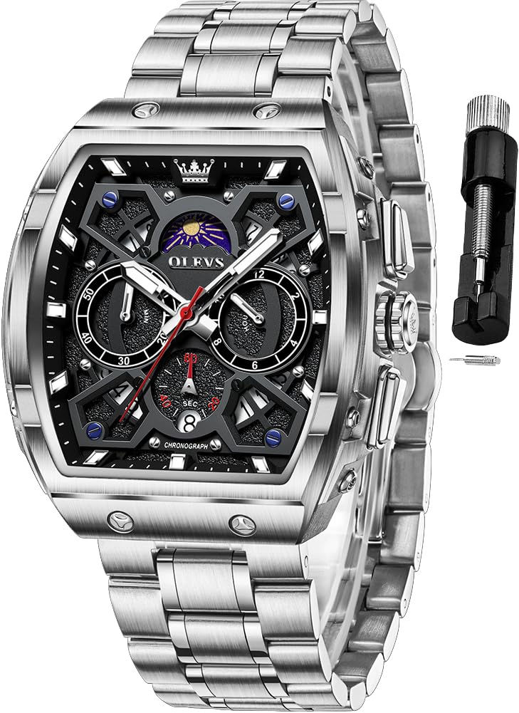 HOTOLEVS Men Watches Business Dress Chronograph Big Square Quartz Analog Male Watch Silicone Strap Waterproof Date Gift Mens Wrsit Watch Silver