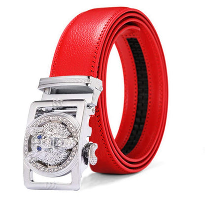 HOTLuxury Men's Belts Red Leather Wolf Head Buckle 1.38 inch Width Used for Mens Dress Casual Adjustable Belt