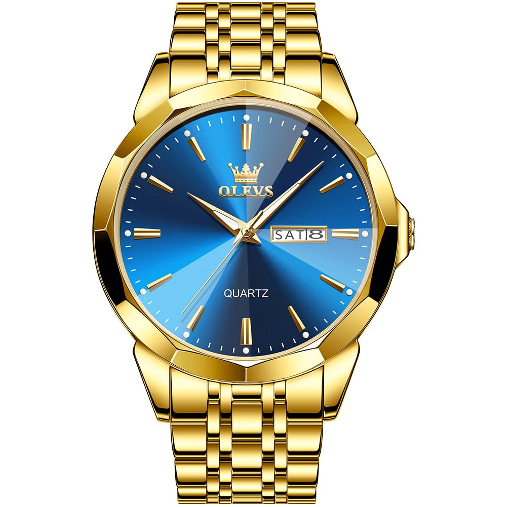 HOTOLEVS Watch for Men Diamond Business Dress Analog Quartz Stainless Steel Waterproof Luminous Date Two Tone Luxury Casual Wrist Watch Blue
