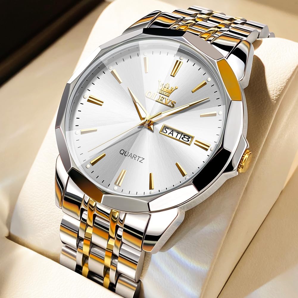HOTOLEVS Watch for Men Diamond Business Dress Analog Quartz Stainless Steel Waterproof Luminous Date Two Tone Luxury Casual Wrist Watch Blue