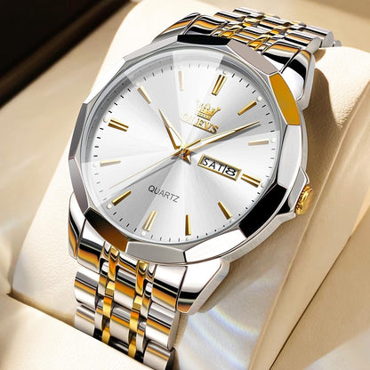 HOTOLEVS Watch for Men Diamond Business Dress Analog Quartz Stainless Steel Waterproof Luminous Date Two Tone Luxury Casual Wrist Watch Blue