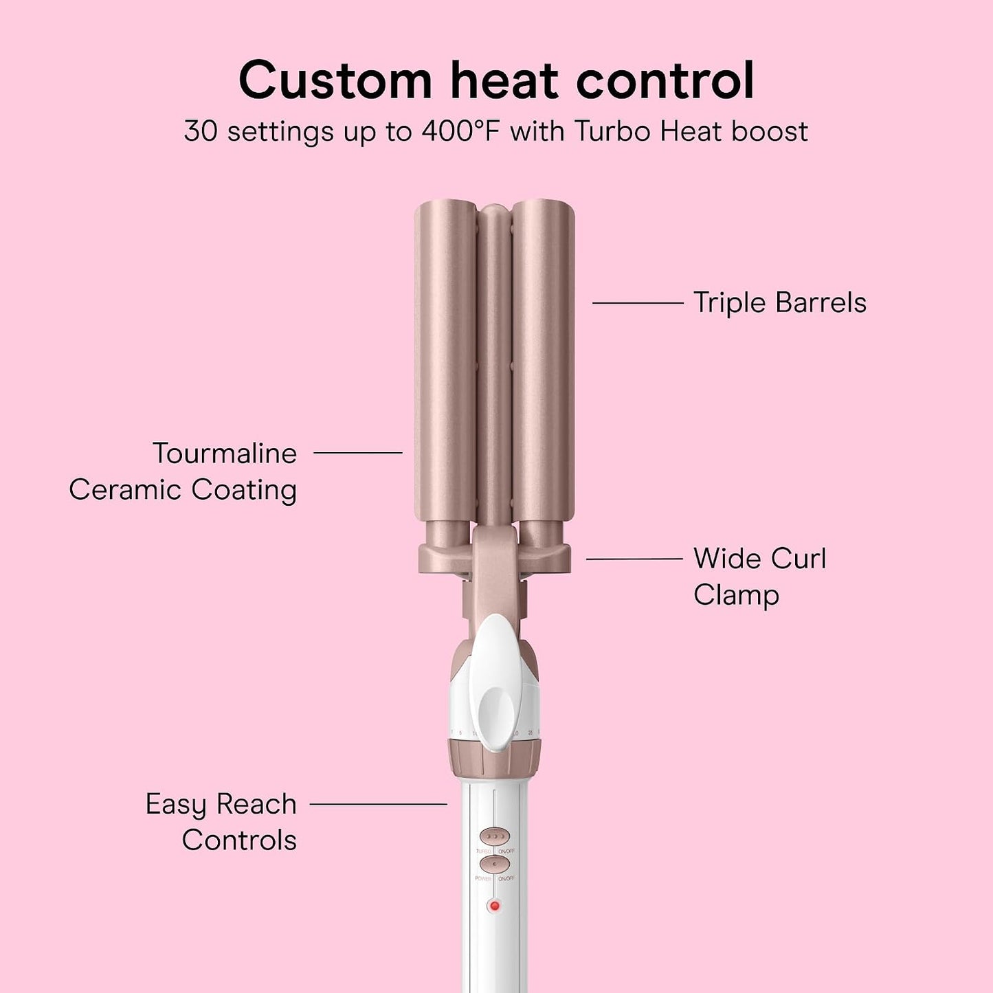 HOTConair Curling Iron & Waver Hair Tool, Triple Barrel, White/Rose Gold | Double Ceramic Conair curling iron with 5/8" outer barrels, a 1/2" inner barrel, 30 heat settings, and auto-off function